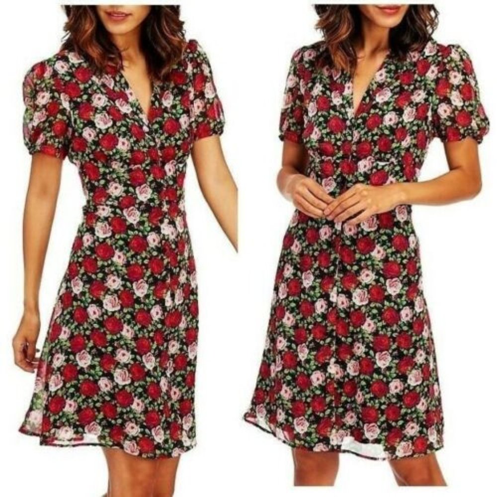 Betsey Johnson Button Front Dress Size 14 Chiffon Black Red Pink Roses NWT